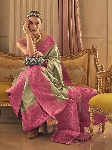 AKHILAM Women's Banarasi Silk Blend Woven Design Saree With Unstitched Blouse Piece (Green_KMSRA11006_RB)