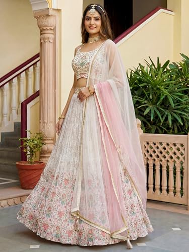 Zeel Clothing Women's Floral Printed Georgette New Lehenga Choli with Dupatta (5081-White-Women-New-Lehenga-Choli; Free Size)
