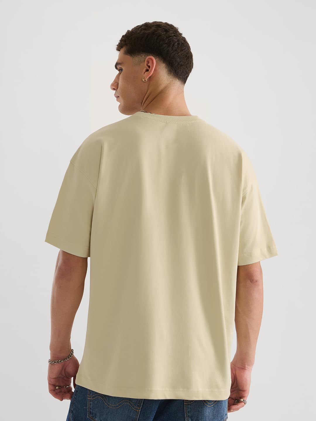 The Souled Store Oversized T-Shirt: to Main Kya Karu Men and Boys Short Sleeves Round Neck Beige Embroidered Casual Wear Oversized T-Shirt