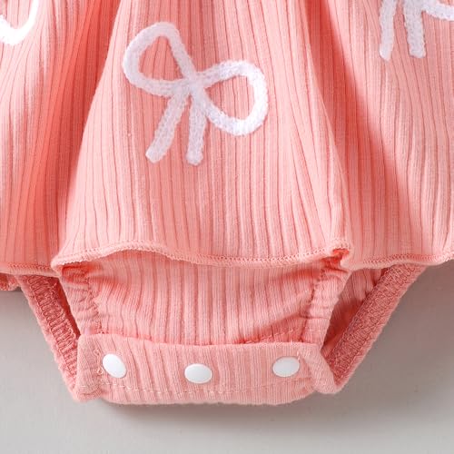 Hopscotch Girls Flutter Sleeve Bow Embroidered Onesie in Pink Color For Age (0-3 Months)
