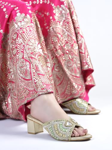 Shoetopia Women’s luxury Embellished Golden Block Heel Sandals |Slip-On Party & Wedding Heels with Beaded Strap footwear EU36