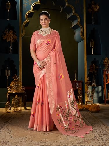 SWORNOF Women's Linen Cotton Silk Saree with Unstitched Blouse Piece | Saree for Women | Saree with Blouse Piece | Soft and Skin Friendly (ORANGE1)