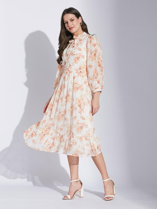 Latin Quarters Women Orange Tie-Up Neck 3/4 Sleeve Floral Dress_M