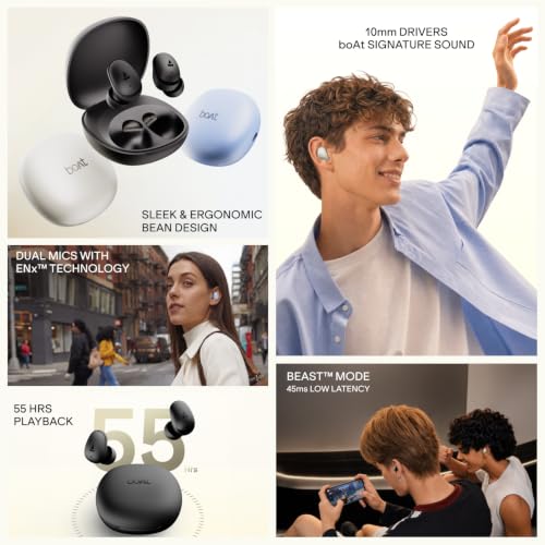 boAt Airdopes Plus 214, Up to 55 Hrs Playtime, Dual Mics with ENx™ Tech, Sleek Bean Design, 10mm Drivers, Voice Assistant, BEAST™ Mode, ASAP™ Charge, IWP™ Technology TWS Earbuds with mic (Silver Mist)