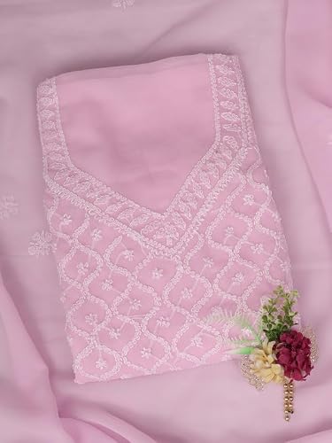 Ada Hand Embroidered Lucknowi Chikankari Unstitched Georgette Dress Material Suit Piece with Dupatta for Women 01A879377 Baby Pink