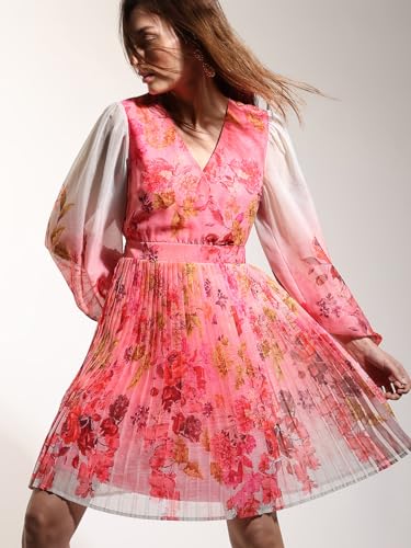 VERO MODA Women Floral Print Pink Polyester Knee Length Fit and Flare Dress