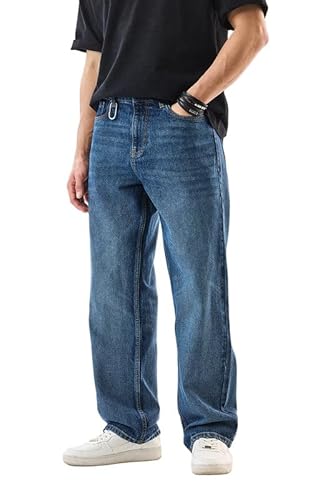 SNITCH Men Casual Jeans | Loose Fit Blue Mid Rise Stone-Wash Design | 100% Cotton Smooth Texture & Durable Stitching for Everyday Comfort & Style
