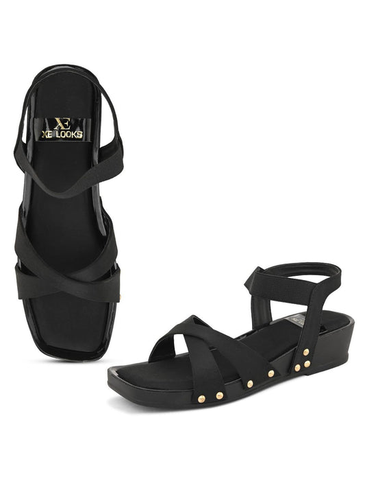 XE Looks Women's Black Wedges Sandals | Cross Strap Design with Gold Stud Detailing | Comfortable, Attractive & Fancy Ankle Strap-Wedges Cushioned Footbed | Trendy Wedges Sandals For Girls & Women