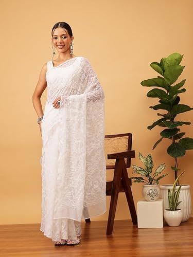 Ada Hand Embroidered Lucknowi Chikankari Georgette Saree for Women with Unstitched Blouse Piece A311382 White