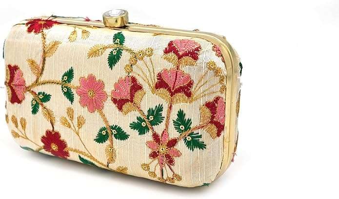 PINK TREASURE Gold Embroidered Clutch for Women | Floral Zari Work Box Clutch for Weddings & Parties | Elegant Handbag with Push Lock Closure | Ideal Gift Accessory (Cream)