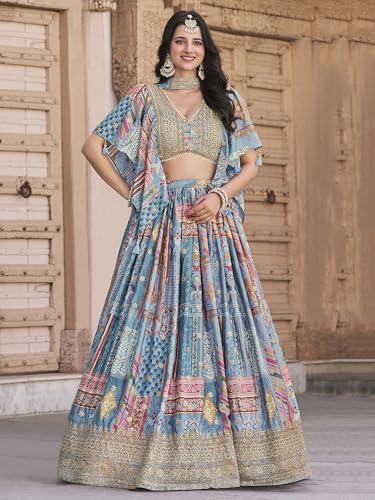 Zeel Clothing Women's Digital Print with Zari Dori Embroidery Work Chinnon Silk Lehenga Choli With Dupatta (7050-Women-Lehenga-Choli-New; Free size) (SkyBlue)