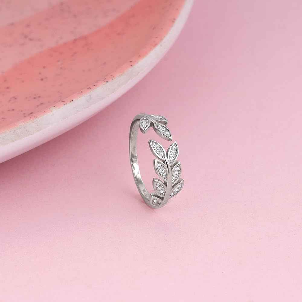 GIVA 925 Silver Anushka Sharma Zircon Leaf Ring, Adjustable | Valentine Gift for Girlfriend Wife Women & Girls | With Certificate of Authenticity and 925 Stamp | 6 Month Warranty*