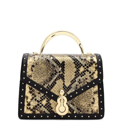 Da Milano Leather Satchel Bag for Women - Beige & Black (LB-02392)