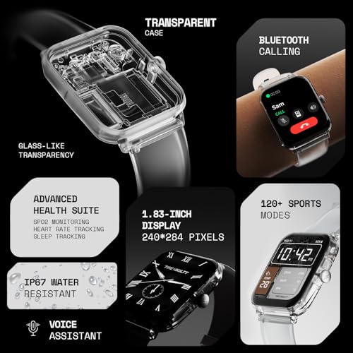 Fire-Boltt Ninja Phantom Smart Watch 1.83” Display, Transparent Clear Body Design, Bluetooth Calling, 120+ Sports Modes, Voice Assistant, AI Outfit Watch Face Smartwatch for Men & Women Stealth Navy