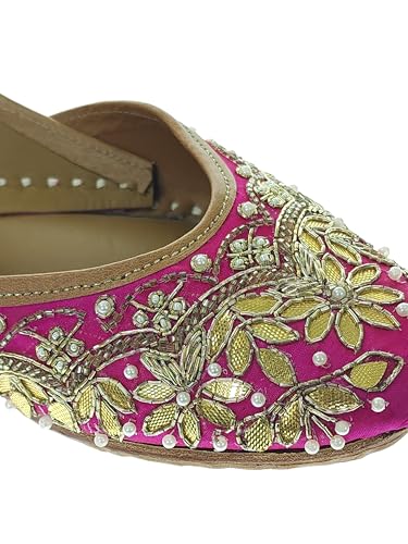 Fulkari Women's GottaPatti Magenta Gold Soft Leather Embroidered Jutis | Bite and Pinch Free Jutti | Punjabi Formal Juttis | Girl's Wedding Flat Ladies Mojari | Formal Ethnic Juti | 36