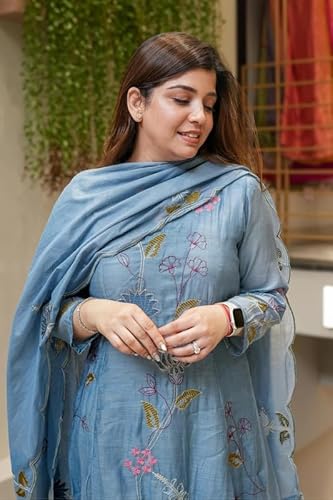 AVYUKTHA | Women Floral Embroidered Tiered Kurta with Palazzos & Dupatta | Thread Work Ethnic Set for Festive, Casual & Party | Blue | Size- M
