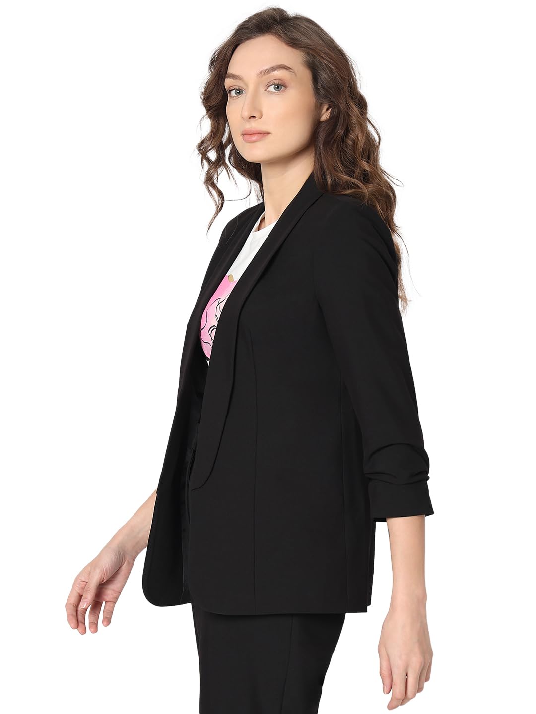VERO MODA Women Solid Black Relaxed Fit Single Breasted Blazer