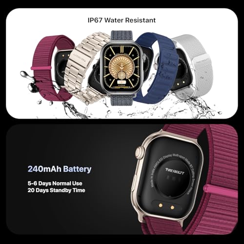 Fire-Boltt Brillia Pro Smart Watch with 51.3mm (2.02 inch) AMOLED Display, Bluetooth Calling, SpO2, Heart Rate Monitoring, 120+ Sports Modes, IP67 Waterproof, Long Battery Life, Nylon Strap (Wine)