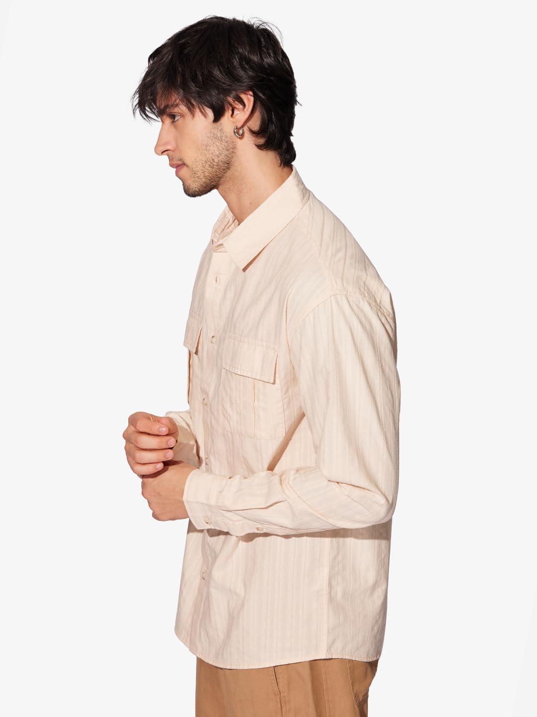 The Souled Store Solids: Rich Cream Men and Boys Long Sleeves Collared Neck Button Front Cotton Relaxed Fit Shirts