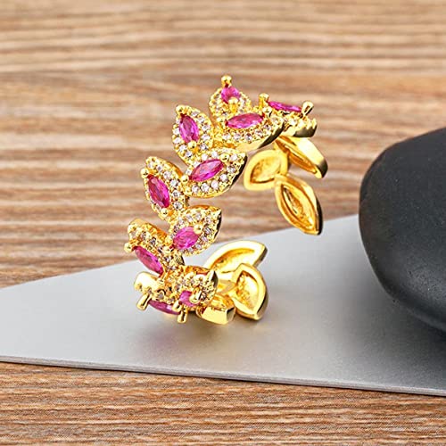 Zivom® Floral Leaf Pink Cubic Zirconia 18K Gold Copper Anti Tarnish Open Back Ring Women