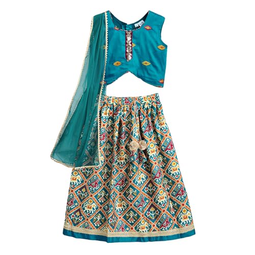 Hopscotch Hoscotch Girls Geometric Green Sleeveless 3 Piece Embroidered Tassel Lehenga Set For Ages (4-5 Years)