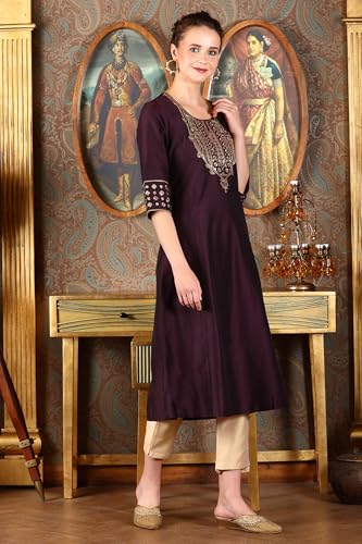 W for Woman Purple Solid Zari Embroidered A-Line Blend Kurta with Straight Pant and Dupatta Set (WS11970-222619-XL)