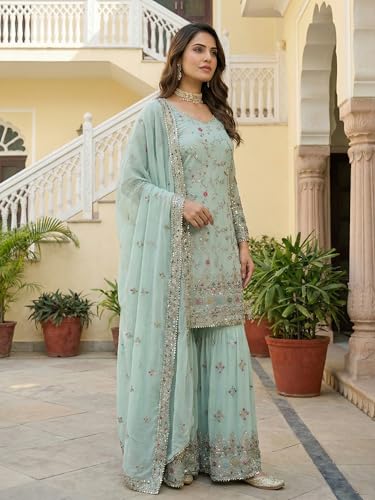 Leeli Peeri Designer Women's Faux Georgette Embroidery Kurta Sharara Set With Dupatta