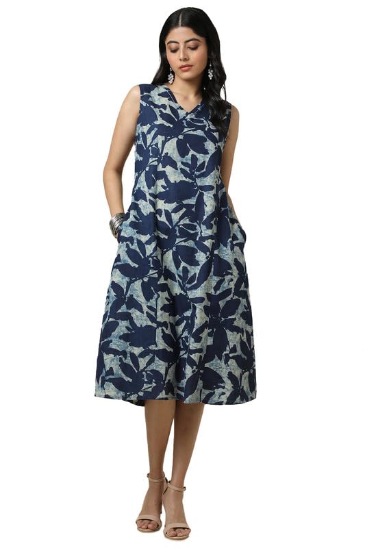 Soch Womens Indigo Cotton Slub Abstract Print Dress