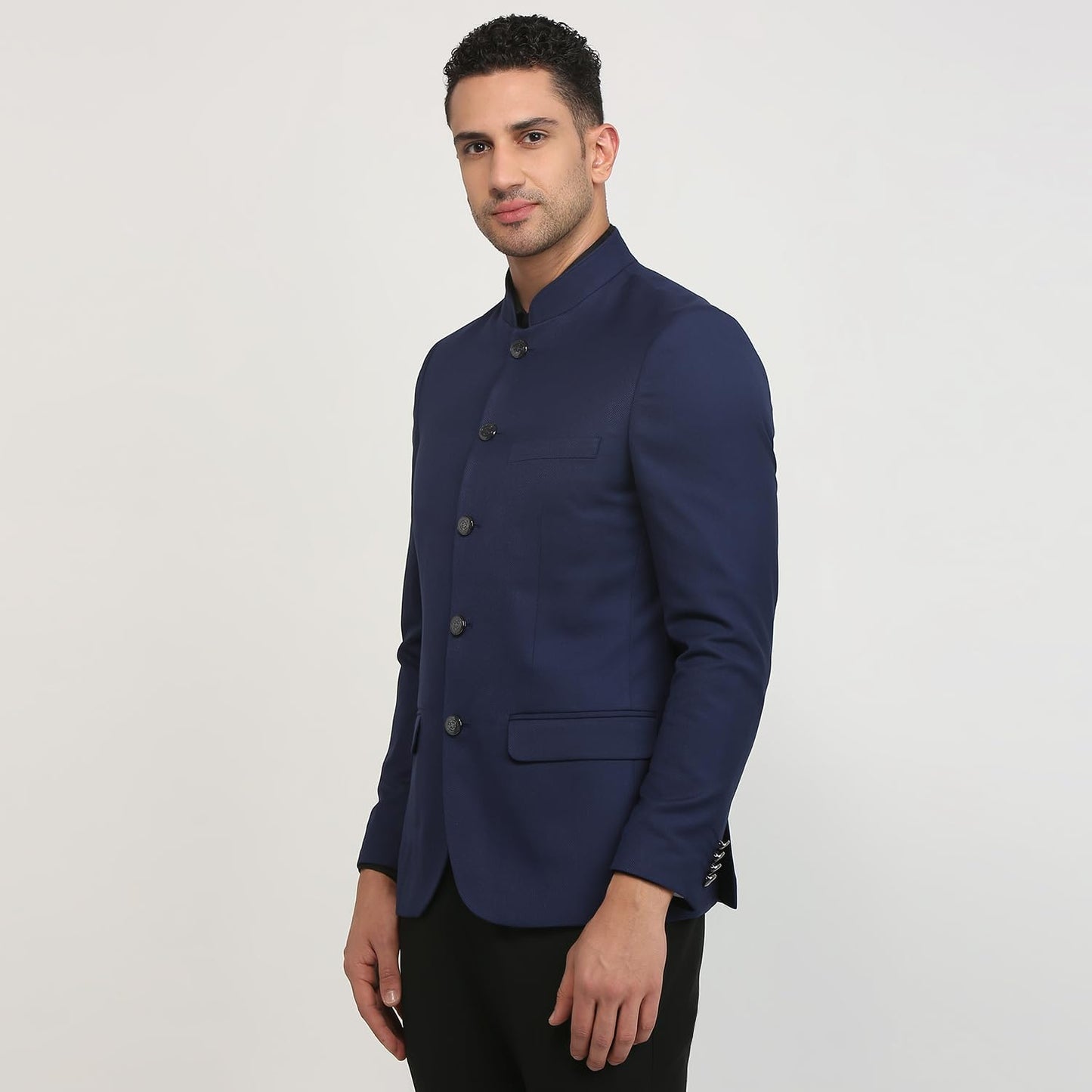 Raymond Men Regular Fit Solid Pattern Poly Rayon Blend Stand Collar Full Sleeve Ceremonial Jacket