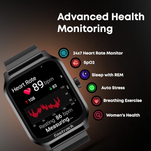 Fastrack Jupiter Retro 1.83" Display Smart Watch with BT Calling, Functional Crown, Metal Strap, 100+ Sports Modes, Health Suite, IP68 – Smartwatch for Man & Women Latest (Black & Chrome)