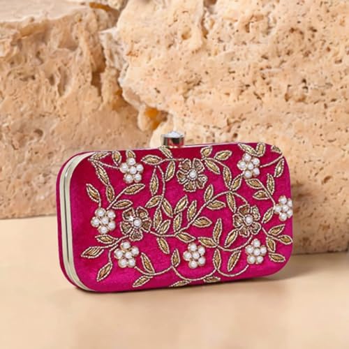 DUCHESS Women's Velvet Zari Zirkon Box Clutch Purse (Fuchsia)