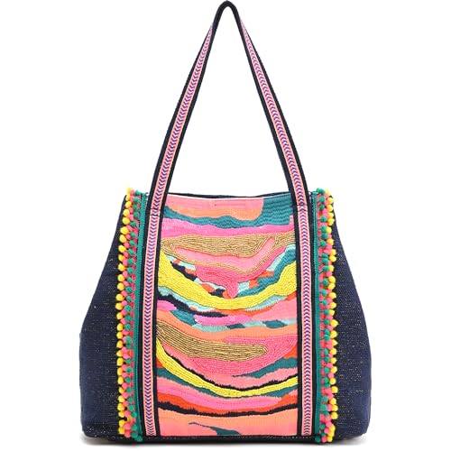 Boho Girl Rainbow Waves Embellished Tote | Hand Beaded Navy Blue Jacquard Tote | Handicrafted Bag for Women | Multicolour Bead Embellished Handbag | Birthday Gifts for Sisters | Handbag for Office