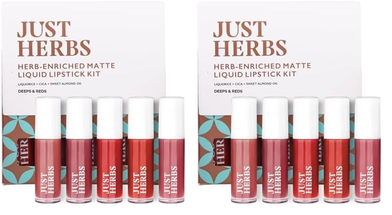 Just Herbs Ayurvedic Liquid Lipstick Kit Set of 5 with Long Lasting Matte Finish, Hydrating & Lightweight Lip Colour, Deeps & Reds - Paraben & Silicon Free - 5 ml (Pack of 2)