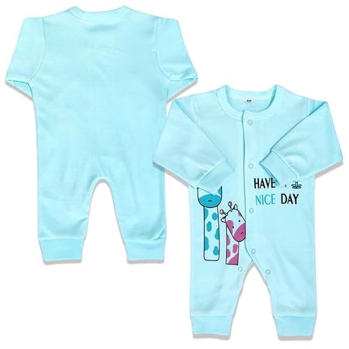 MOONCHARM Cute cat printed round neck front open romper with for baby boy and girls which is made with soft pure hosiery cotton pack of 1 Blue Colour