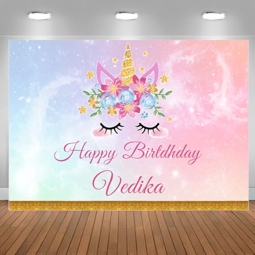 Party Perfect Designs Customized Unicorn Floral Birthday Banner - Pink Watercolor Sparkle Birthday Party Backdrop for Girls - Magical Unicorn Face Wall Decoration with Free Decor