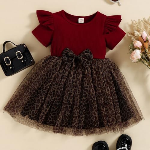 Hopscotch Girls Polyester Cheetah Print Fit and Flare Dress with Bow Applique in Red Color For Ages (4-5 Years)