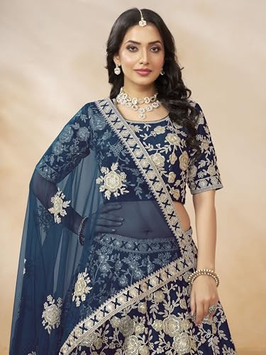Zeel Clothing Women's Dori With Sequins Embroidered Work Slub Silk Designer Lehenga Choli with Dupatta (7099-Womens-Lehenga-Choli-Latest; Free Size) (Blue)