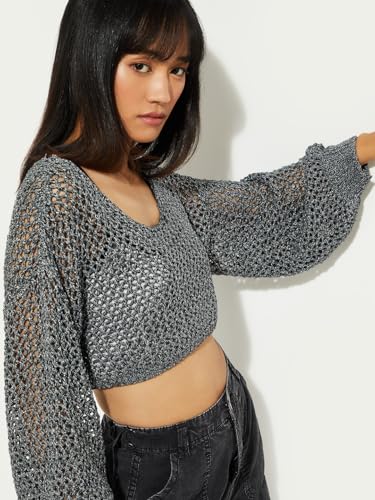 Max URB_N Women Open Knit Crop Sweater (Grey_XL)