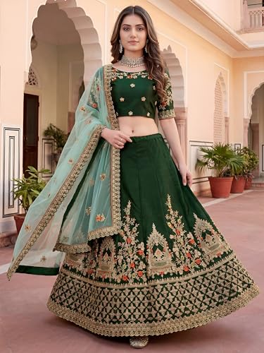 Zeel Clothing Women's Zari, Dori, and Thread Embroidered Work Satin Silk Lehenga Choli With Dupatta (7211-Green-Women-Lehenga-Choli-Latest; Free size)
