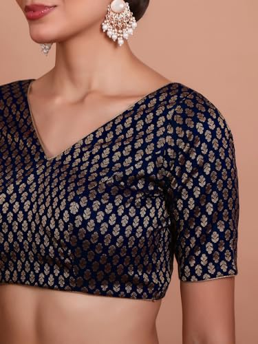 S SALWAR STUDIO Navy Blue Brocade V Neck Readymade Blouse