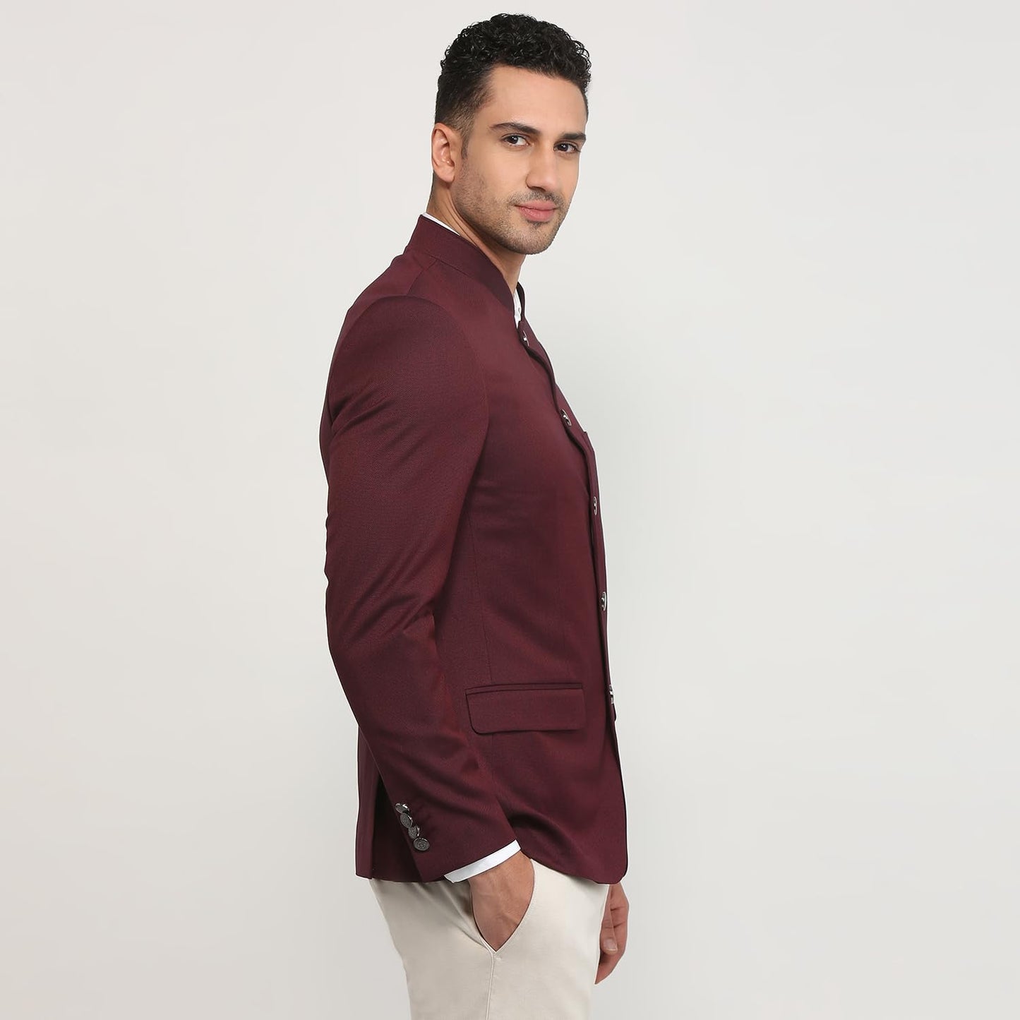 Raymond Men Regular Fit Solid Pattern Terry Rayon Blend Stand Collar Full Sleeve Ceremonial Jacket (Size: 40)-RIJI00129-M7 Dark Maroon