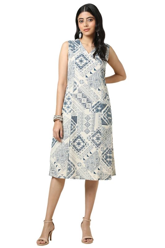 Soch Womens Beige Cotton Slub Geometric Print Dress