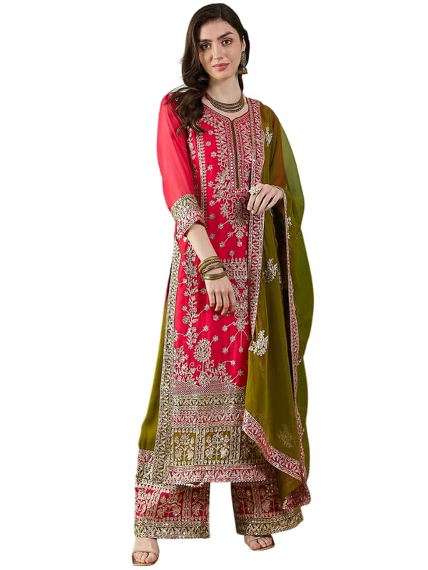 Brulry Women's Pink Color Georgette Round Neck straight Kurta Pant With Dupatta