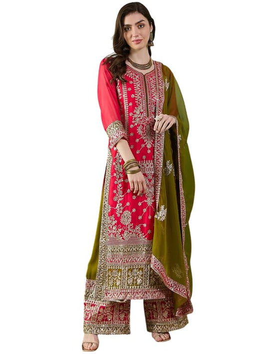 Brulry Women's Pink Color Georgette Round Neck straight Kurta Pant With Dupatta