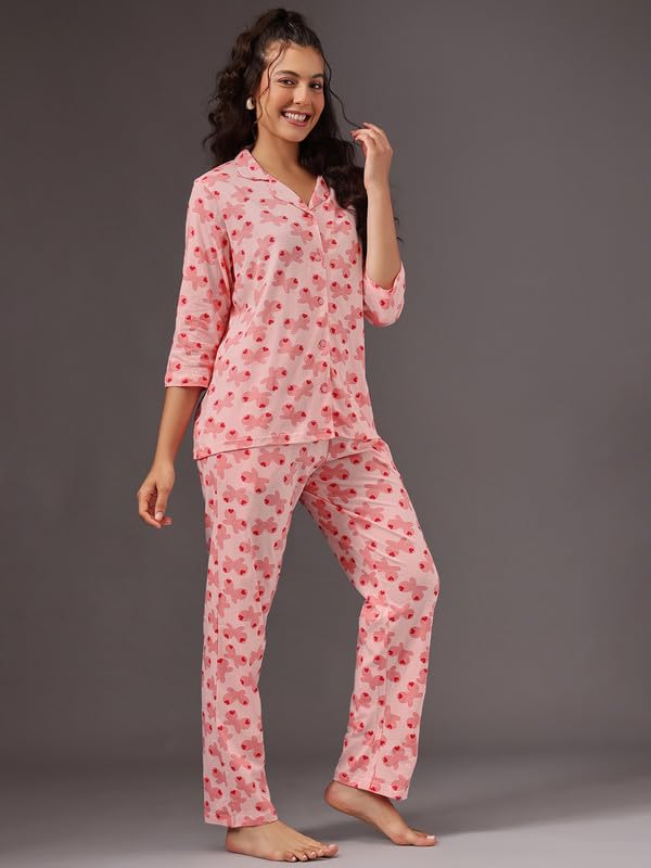 Clovia Women's Cotton Printed Button-Down Shirt & Pyjama Set (LS5585G34_Peach_L)
