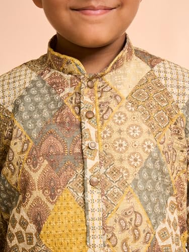Manyavar Boys Cotton Blend Geometric Patterns Printed Kurta Pyjama Set (Light Mid Green,12-14Y)