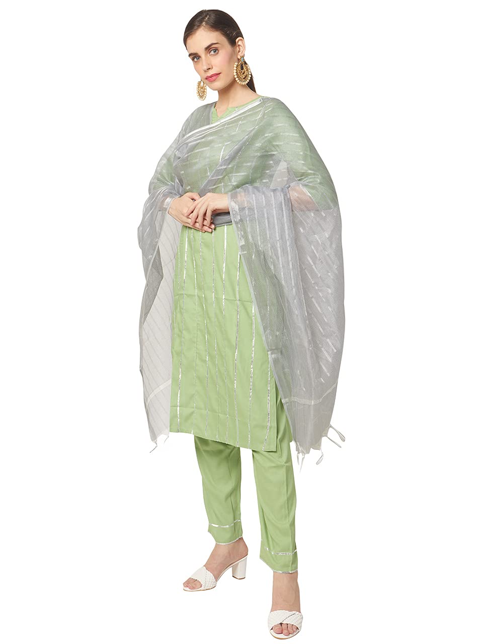 DUPATTA BAZAAR Women's Blended Grey Silk Dupatta With Silver Stripes - Free Size