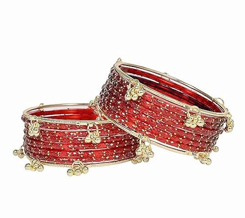 शर्मा फैशन शॉप Kashmiri Ghangharoo Glass Bangle Set for Women| Light Weight Bangles | Traditional Transparent Fancy Glass Chudi Set for Wedding, Party| set of 16_Red_2.4