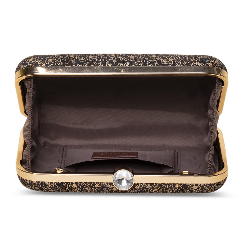 ZOUK Charminar Jaali Motif Printed Women's Mashru silk Black and Golden Clutch