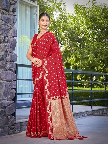 MANOHARI Women's Most Trendy Banarasi Satin Silk Woven Red Saree With Heavy Jacquard Work Saree With Blouse Piece_MN2063